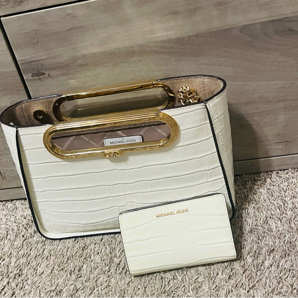 Michael Kors Cream Croc-Embossed Shoulder Bag with Gold Details